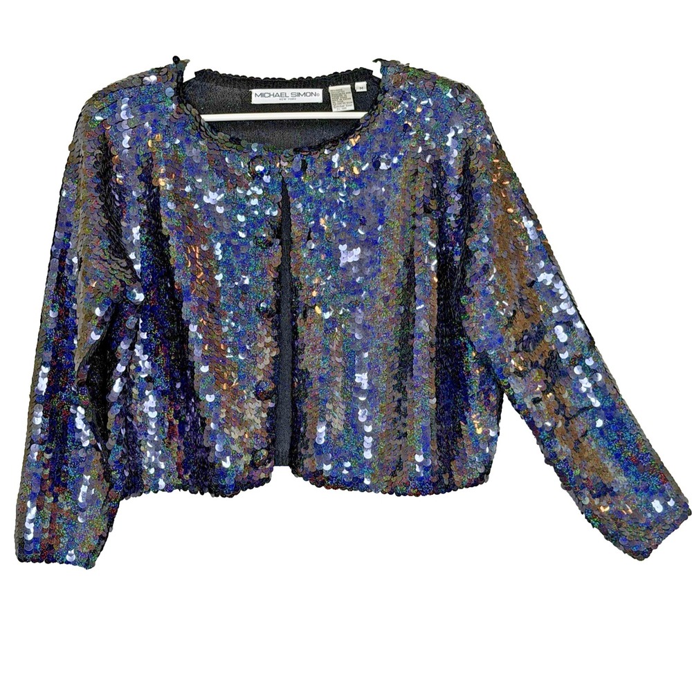 Michael Simon Short Jacket Womens Size Medium Dark Blue Iridescent Button Front